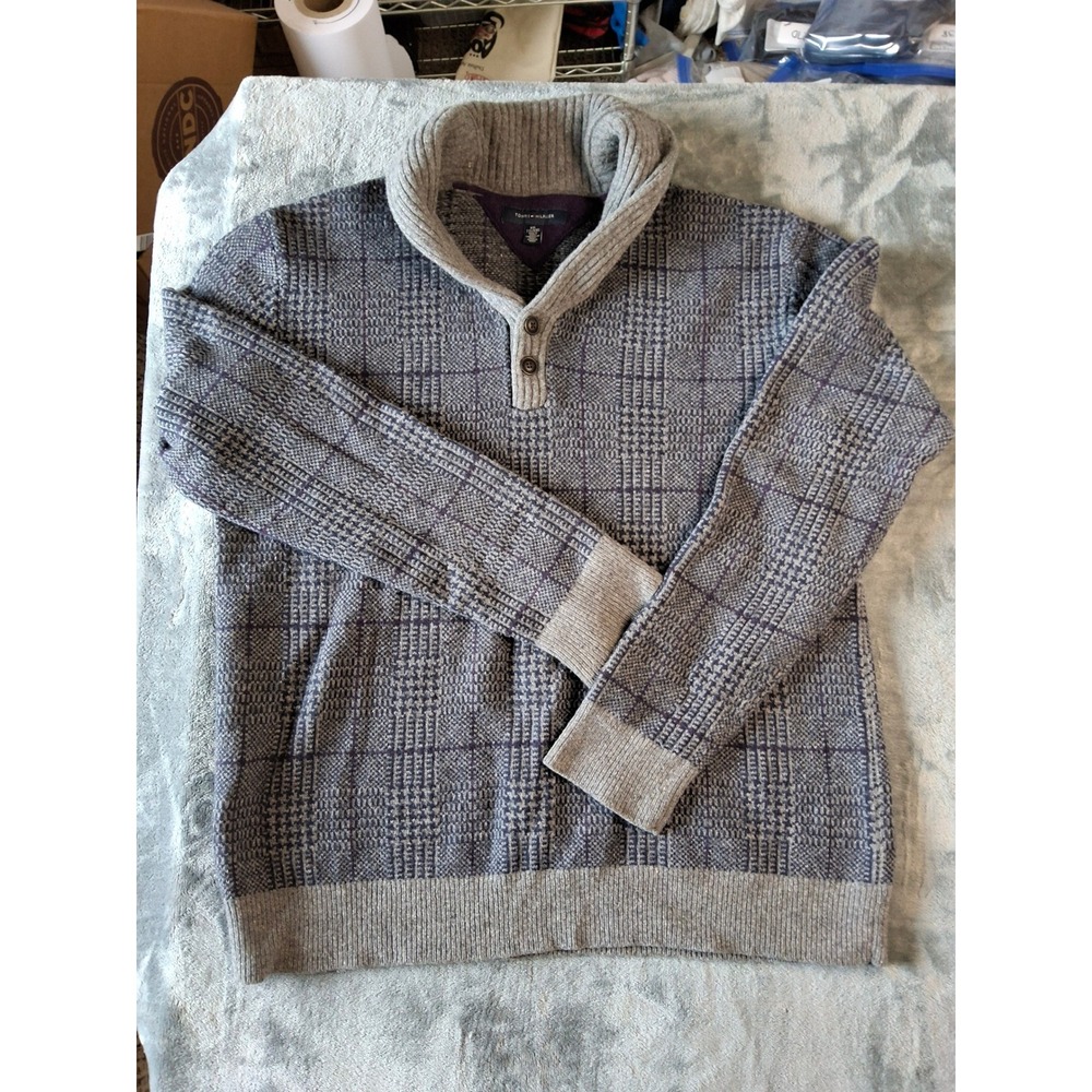 Tommy Hilfiger Mens XXL Shawl Collar Sweater Grey Purple Glen Plaid Pullover